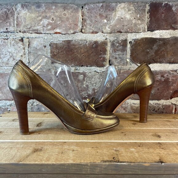COACH METALLIC Leather Signature Gold Turnlock Buckle Pumps Women's Size 9.5 - Picture 4 of 8